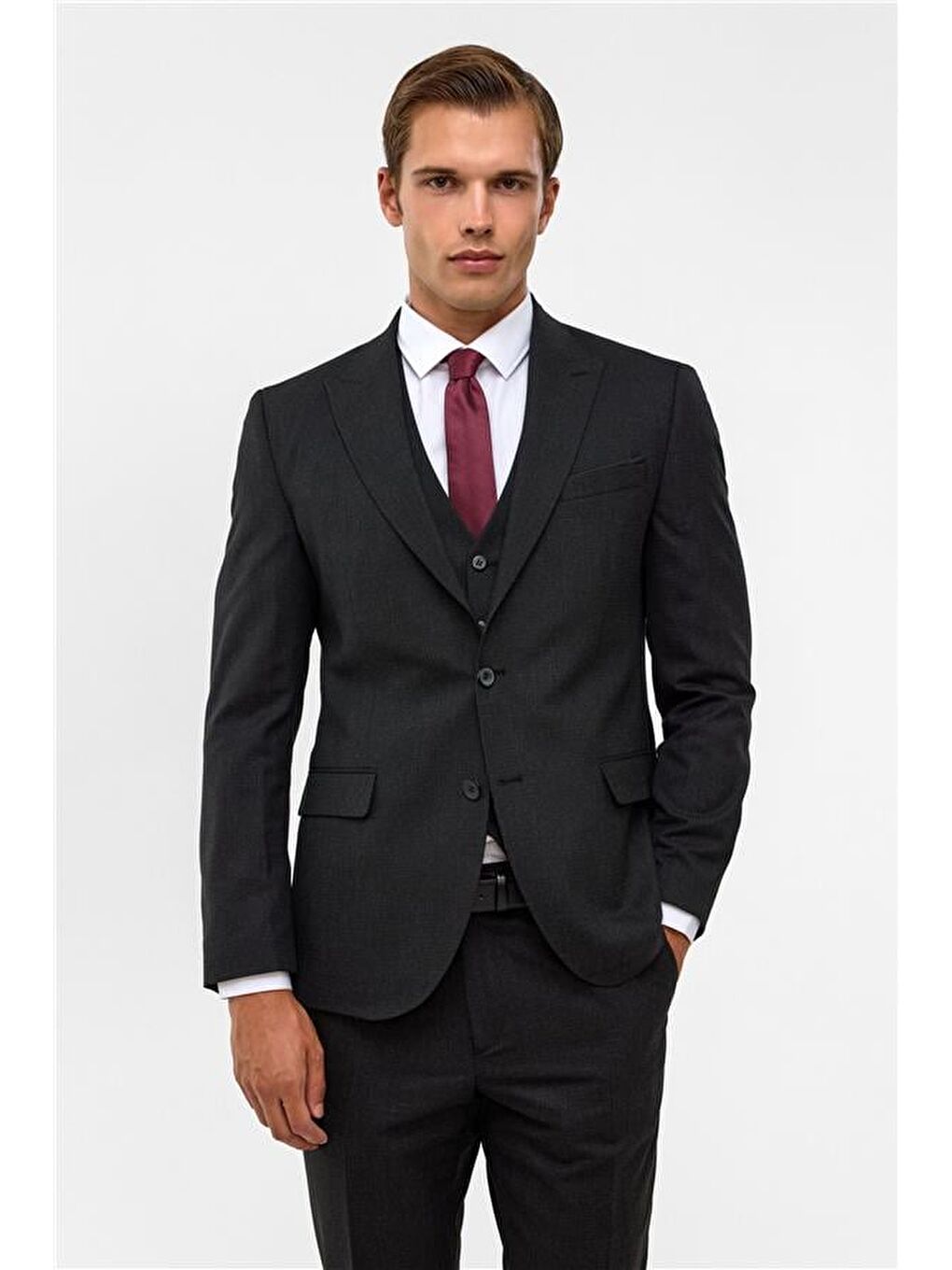 Siyah Slim Desenli Sivri Yaka 6 Drop Yelekli Takım Elbise-1