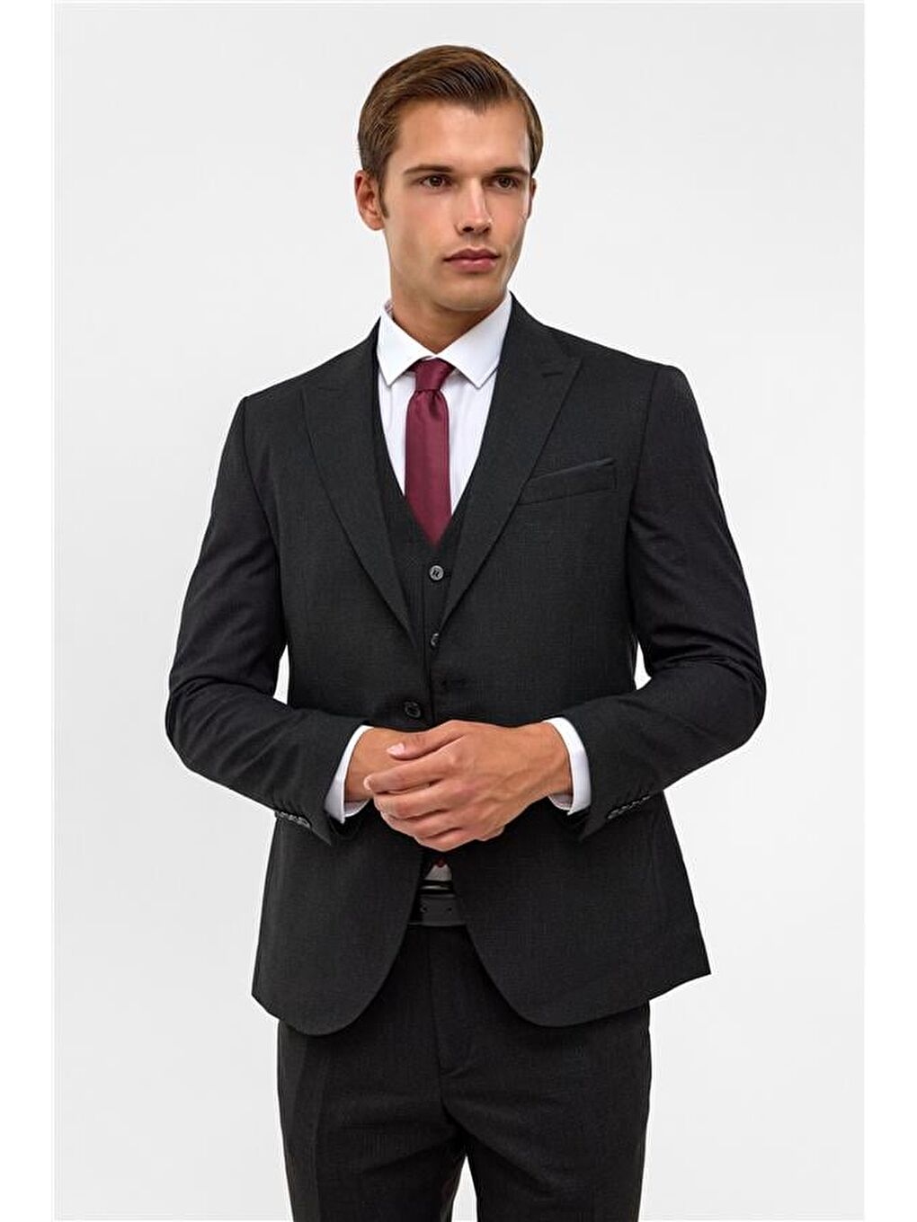 Siyah Slim Desenli Sivri Yaka 6 Drop Yelekli Takım Elbise-2