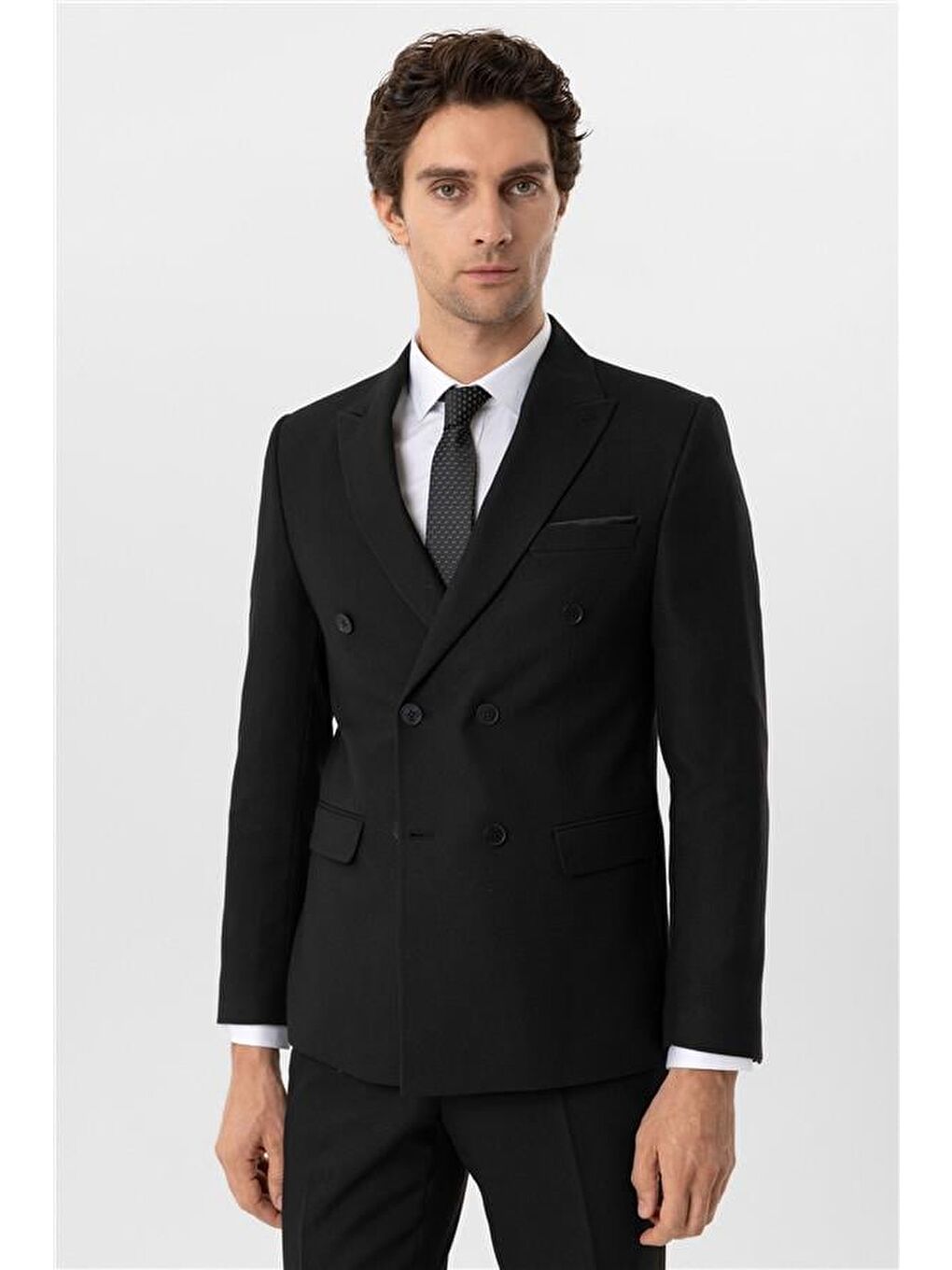 Siyah Slim Armürlü Sivri Yaka 6 Drop Takım Elbise-1