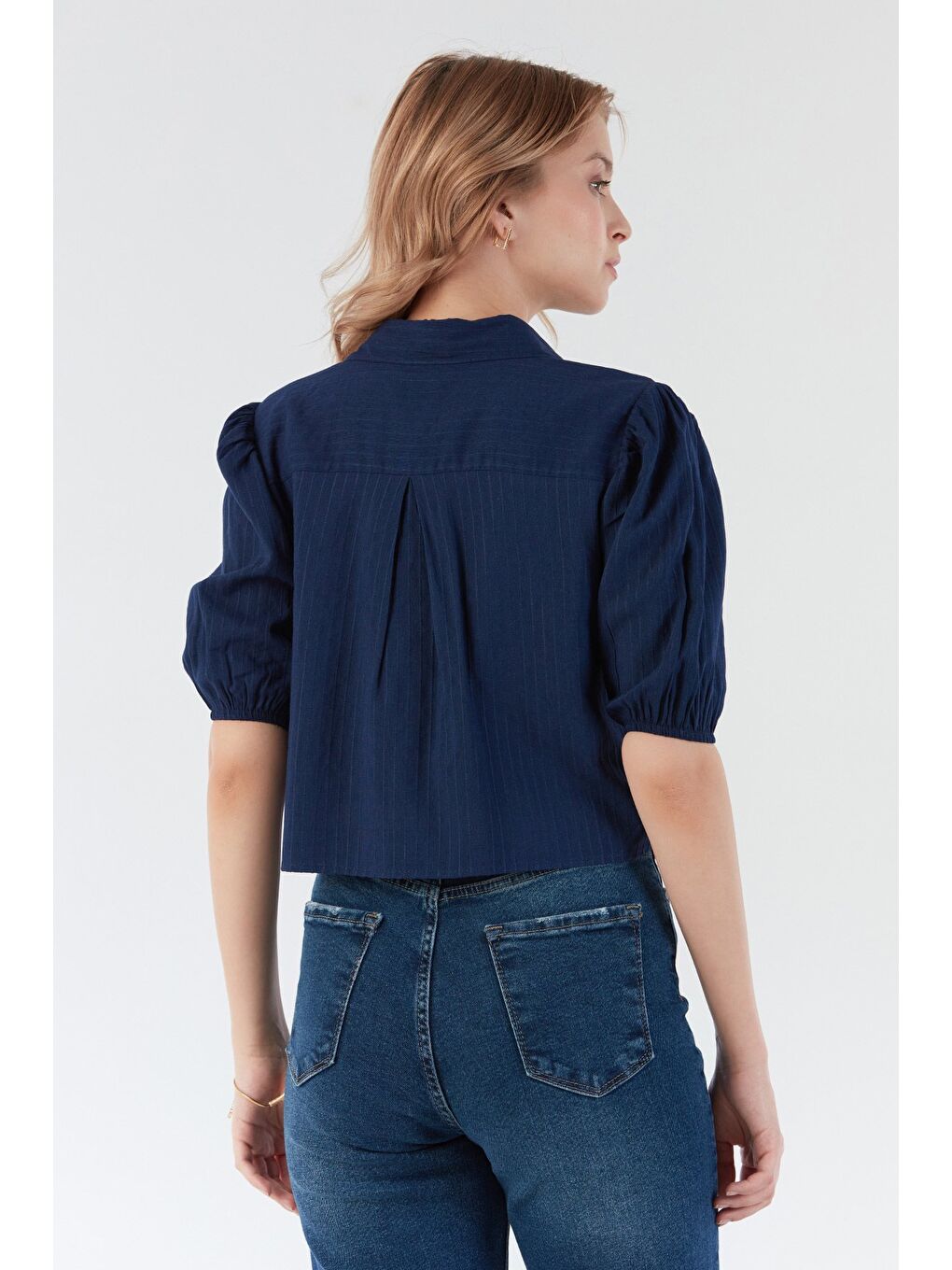 Lacivert Çizgili Balon Kol Crop Gömlek-1