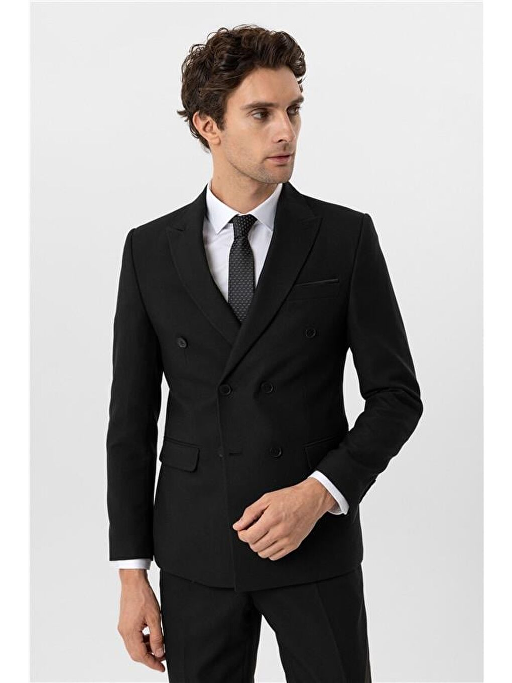 Siyah Slim Armürlü Sivri Yaka 6 Drop Takım Elbise-2