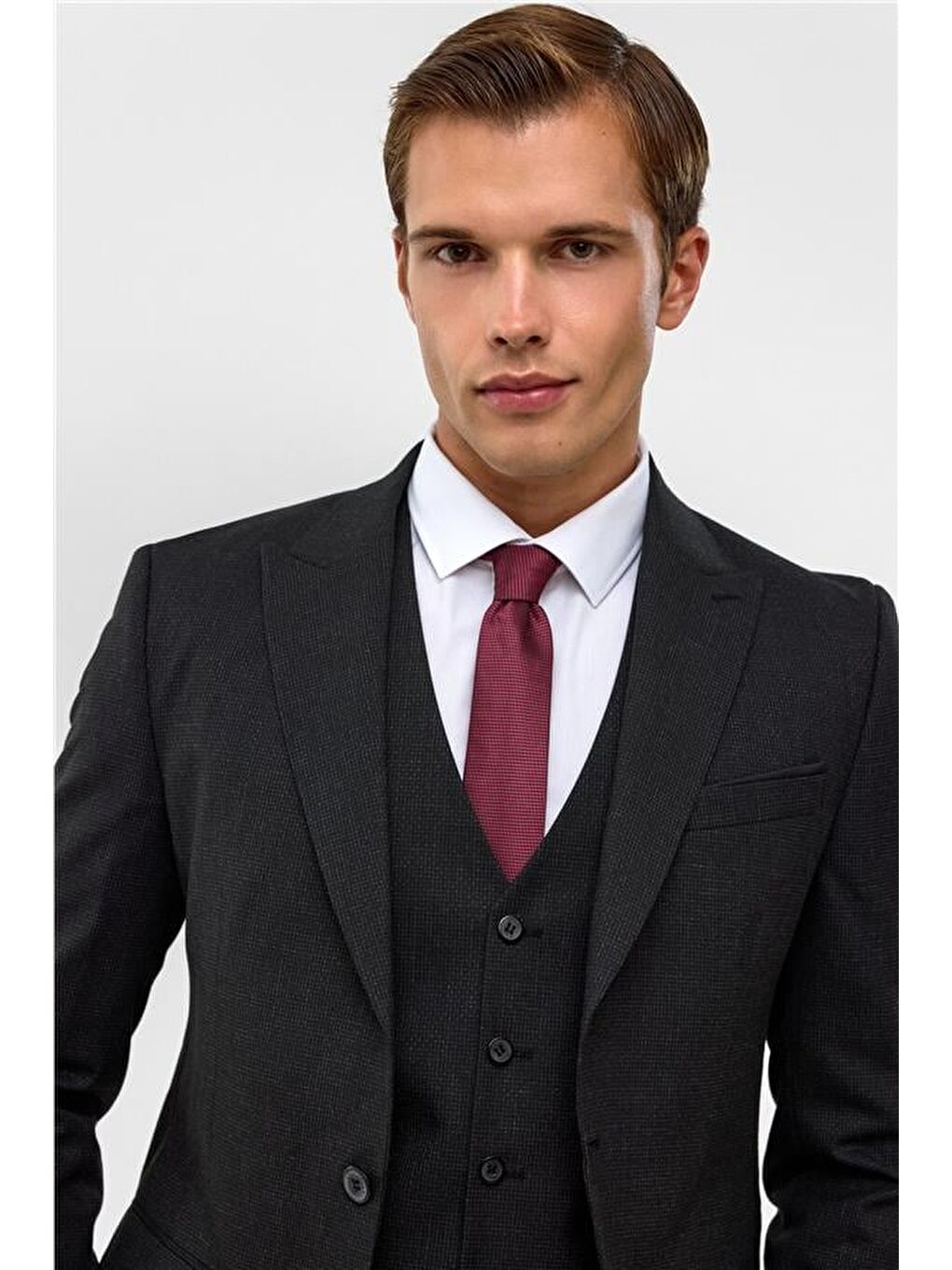 Siyah Slim Desenli Sivri Yaka 6 Drop Yelekli Takım Elbise-3