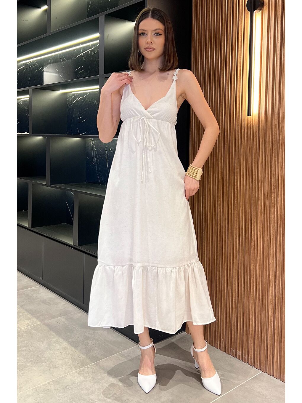 Ekru Kadın İp Askılı Keten Elbise-1