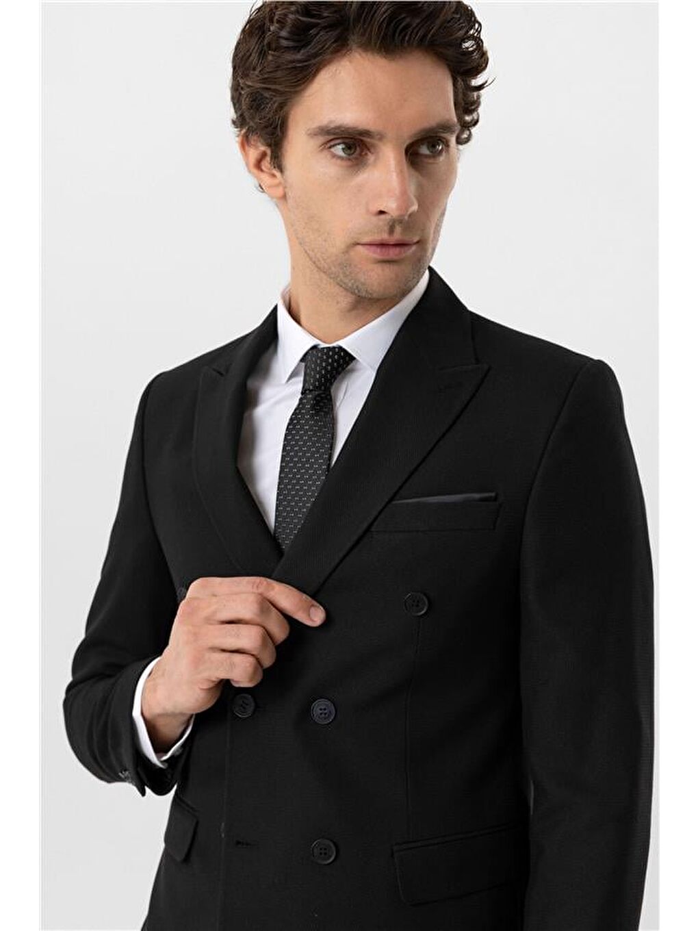 Siyah Slim Armürlü Sivri Yaka 6 Drop Takım Elbise-4