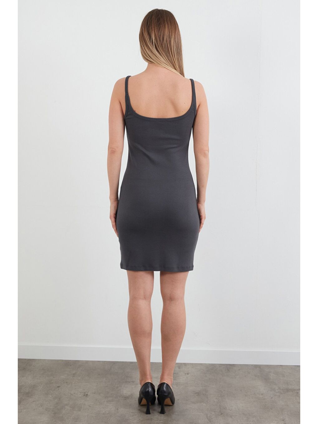 Antrasit Basic Askılı Modal Elbise-3