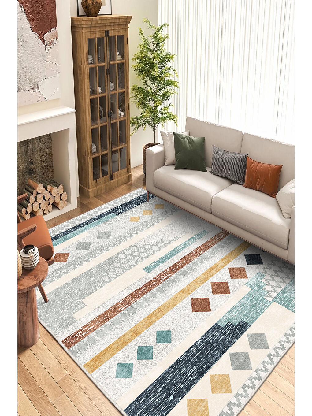 Bej Dekoratif Özel Tasarım Yıkanabilir İnce Kaymaz Tabanlı Modern Halı KECE FR50