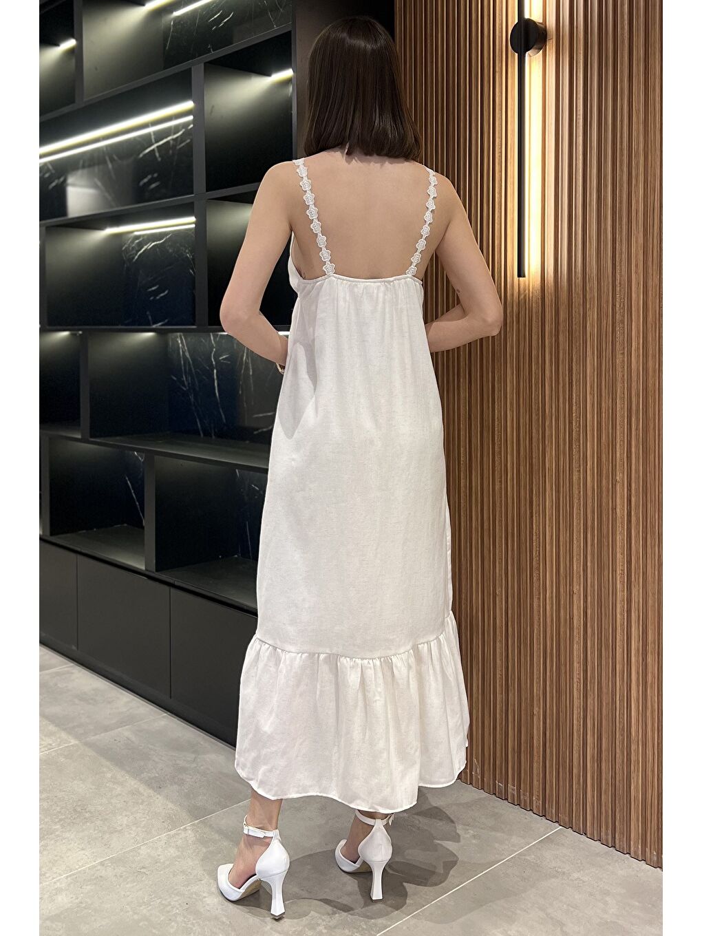Ekru Kadın İp Askılı Keten Elbise-2