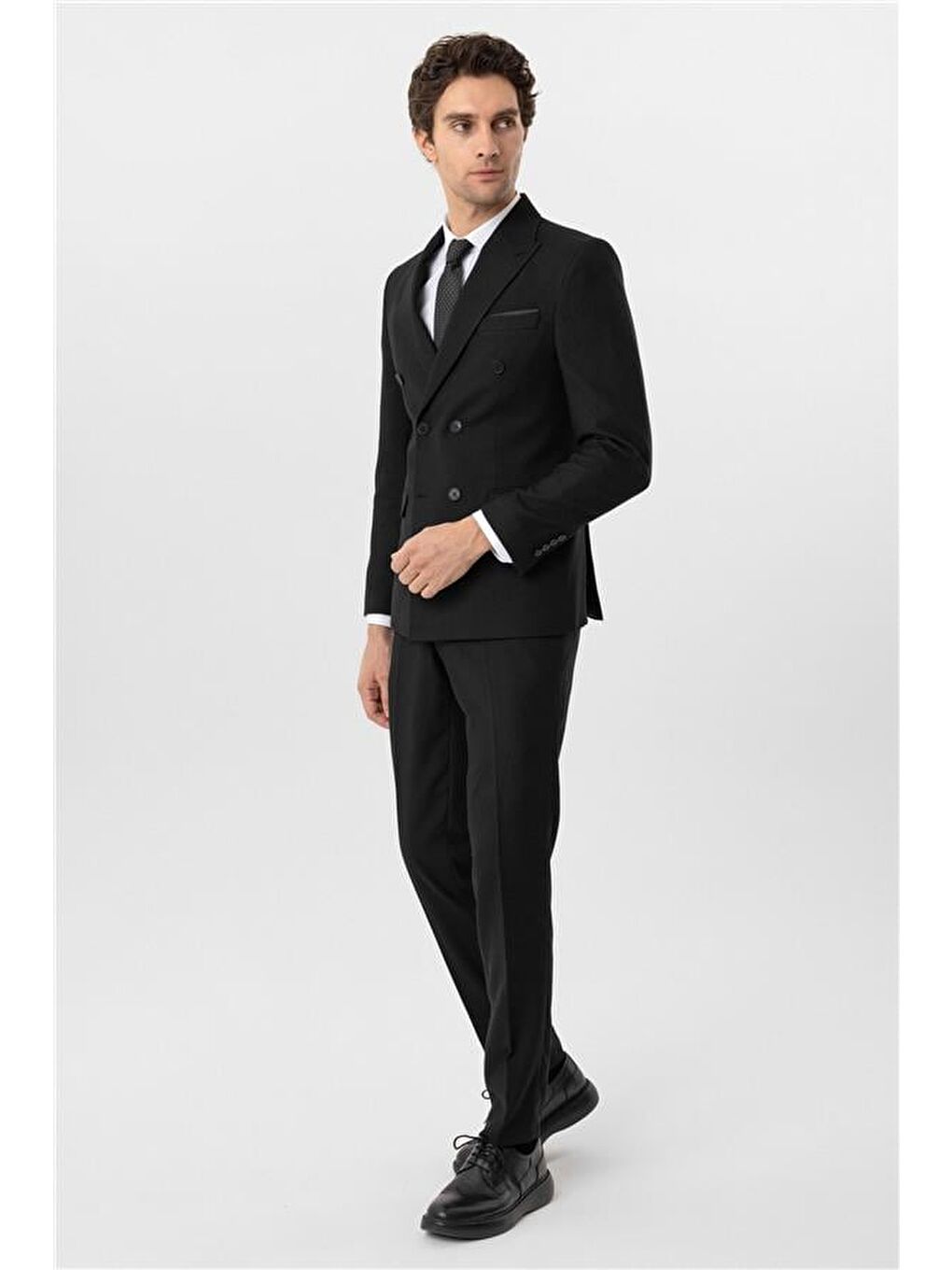 Siyah Slim Armürlü Sivri Yaka 6 Drop Takım Elbise-5