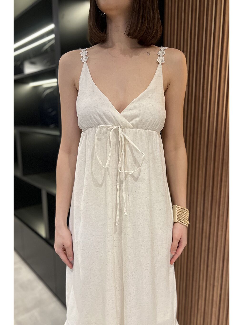 Ekru Kadın İp Askılı Keten Elbise-3