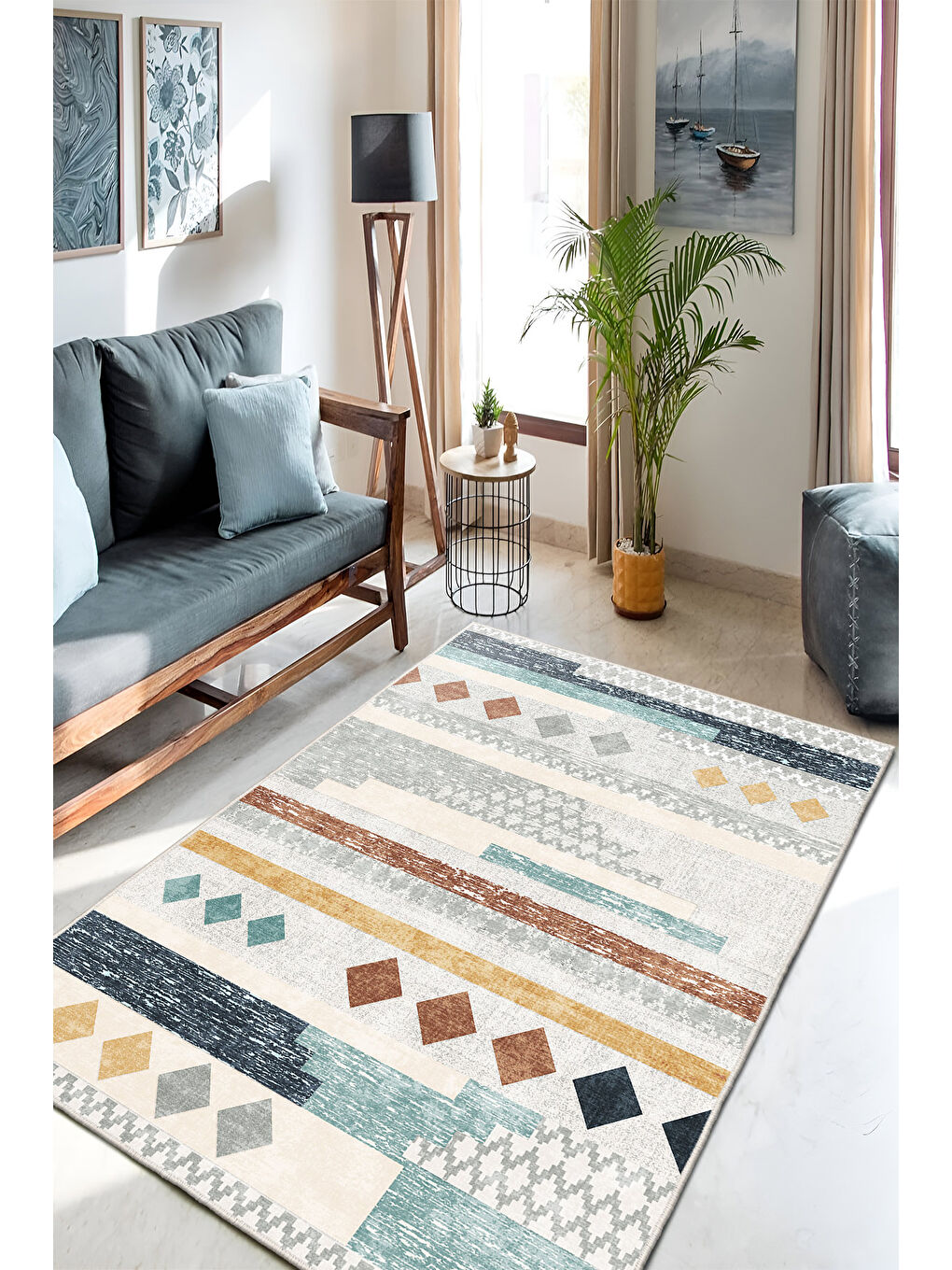 Bej Dekoratif Özel Tasarım Yıkanabilir İnce Kaymaz Tabanlı Modern Halı KECE FR50-2