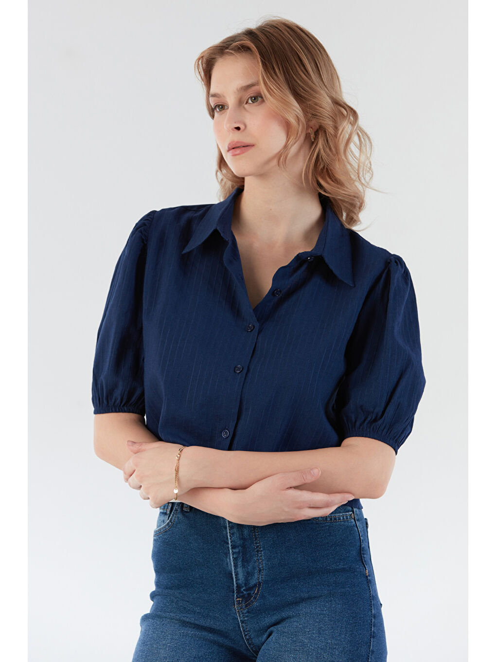 Lacivert Çizgili Balon Kol Crop Gömlek-2