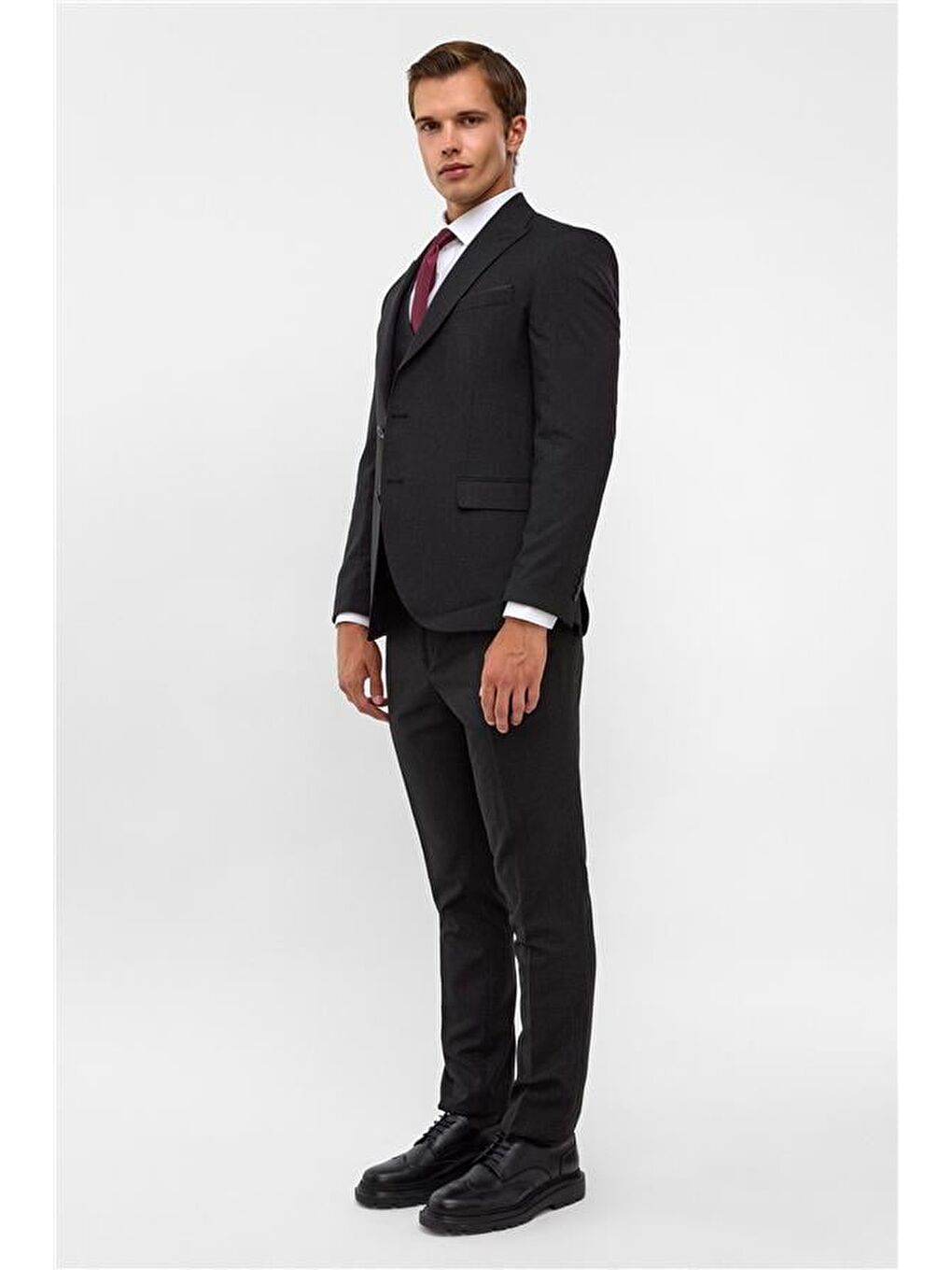 Siyah Slim Desenli Sivri Yaka 6 Drop Yelekli Takım Elbise-5