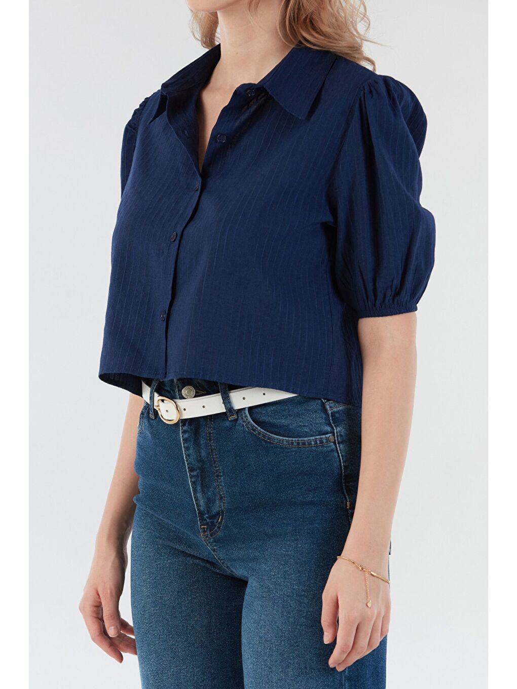 Lacivert Çizgili Balon Kol Crop Gömlek-4