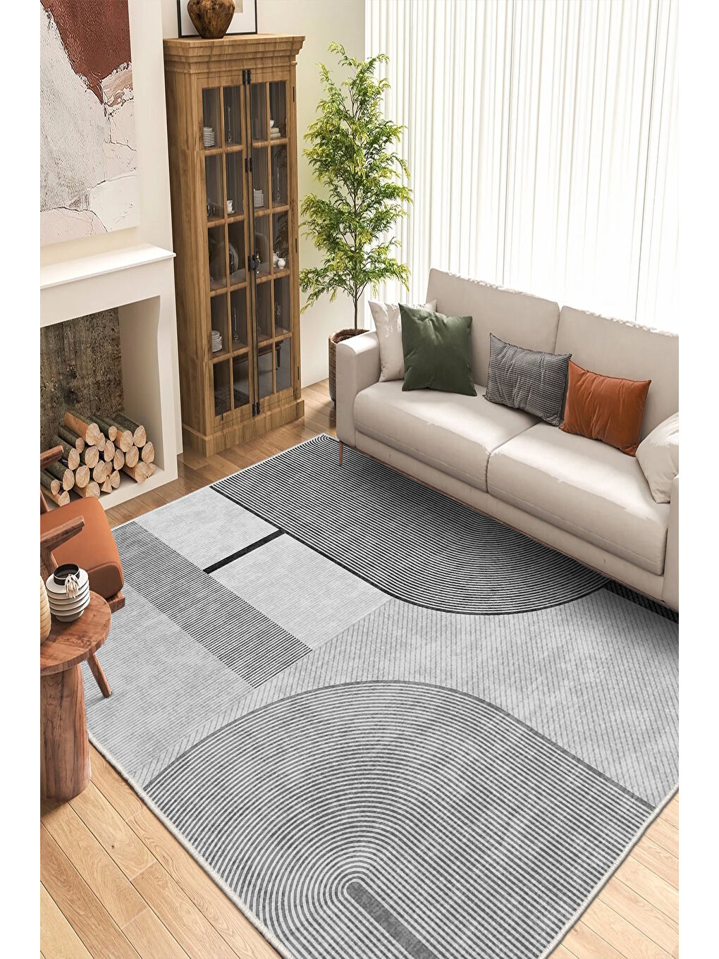 Gri Dekoratif Özel Tasarım Yıkanabilir İnce Kaymaz Tabanlı Modern Halı KECE FR50