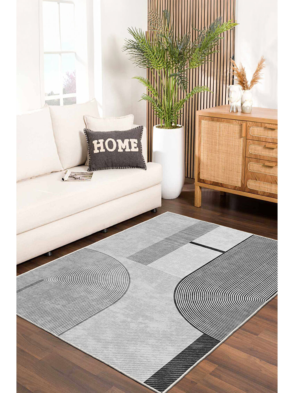 Gri Dekoratif Özel Tasarım Yıkanabilir İnce Kaymaz Tabanlı Modern Halı KECE FR50-1