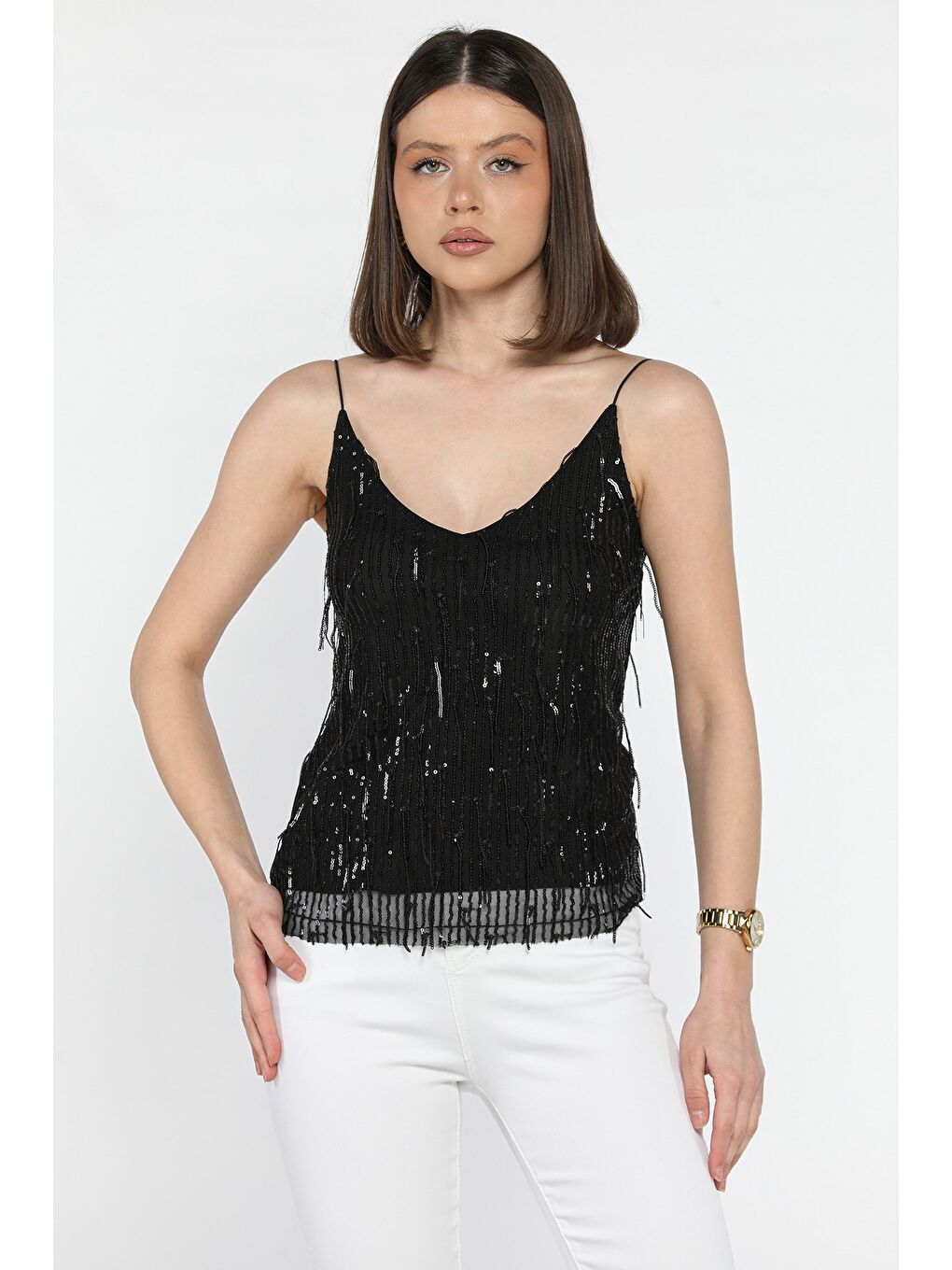 Siyah Kadın İp Askılı Pul İşlemeli Bluz