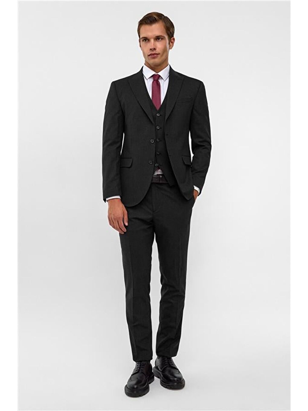 Siyah Slim Desenli Sivri Yaka 6 Drop Yelekli Takım Elbise-7