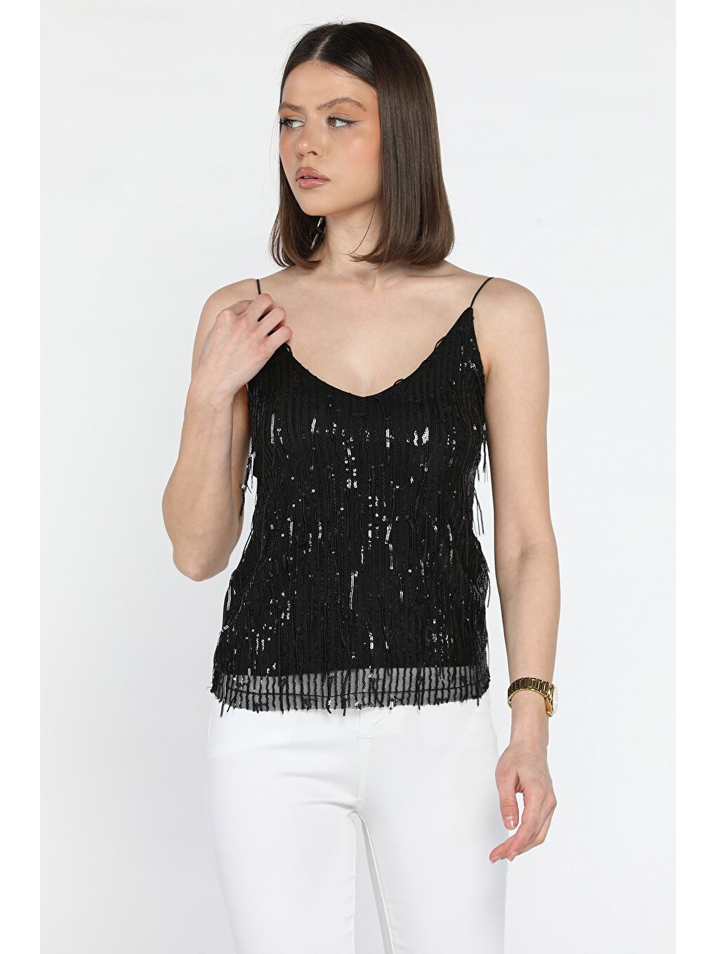 Siyah Kadın İp Askılı Pul İşlemeli Bluz-1