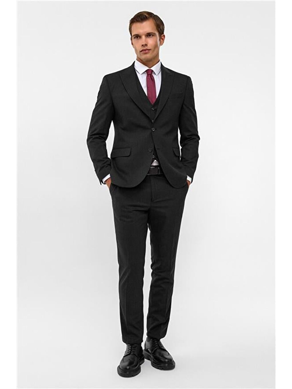 Siyah Slim Desenli Sivri Yaka 6 Drop Yelekli Takım Elbise-8