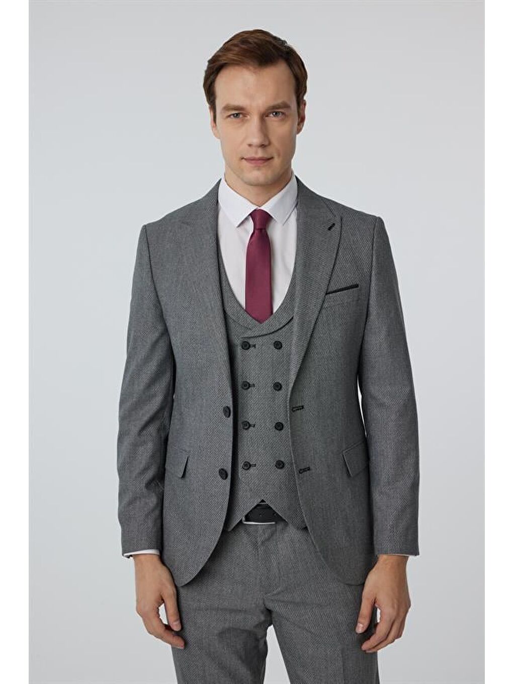 Antrasit Slim Düz Sivri Yaka 6 Drop Yelekli Takım Elbise-1