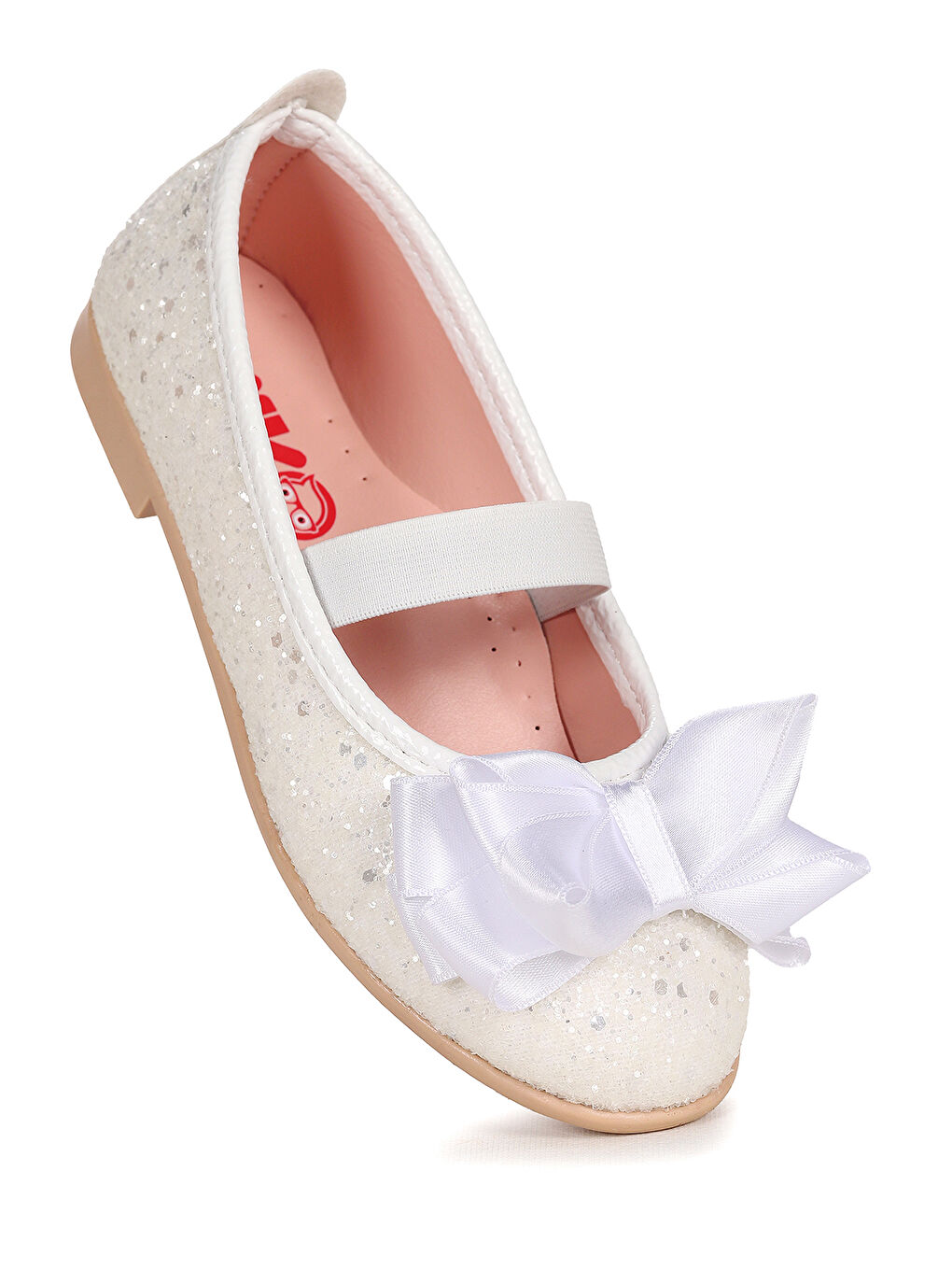 Beyaz Panı Cam Kırığı Fiyonk Lastikli Kız Çocuk Babet Ayakkabı