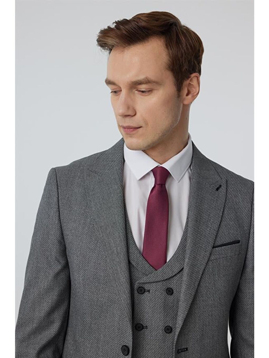 Antrasit Slim Düz Sivri Yaka 6 Drop Yelekli Takım Elbise-2