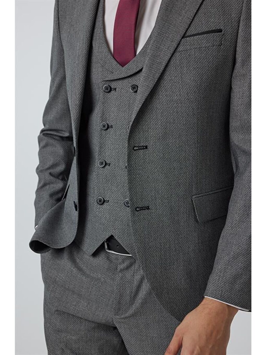 Antrasit Slim Düz Sivri Yaka 6 Drop Yelekli Takım Elbise-3