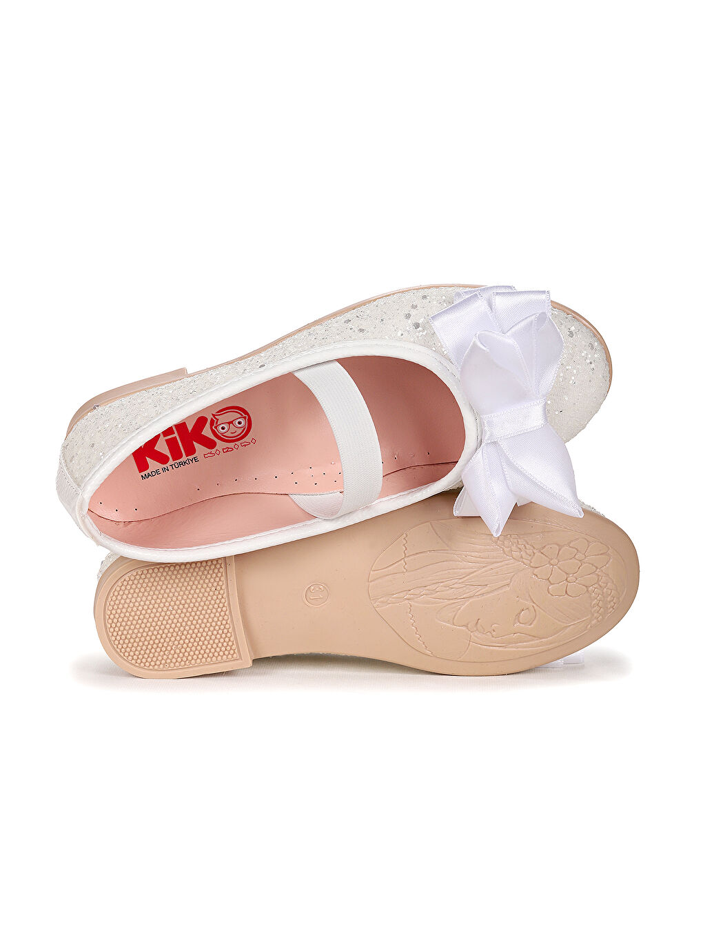 Beyaz Panı Cam Kırığı Fiyonk Lastikli Kız Çocuk Babet Ayakkabı-4