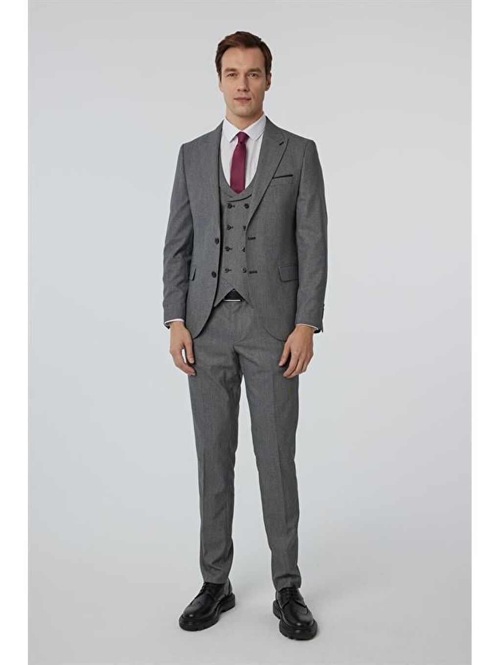 Antrasit Slim Düz Sivri Yaka 6 Drop Yelekli Takım Elbise-6