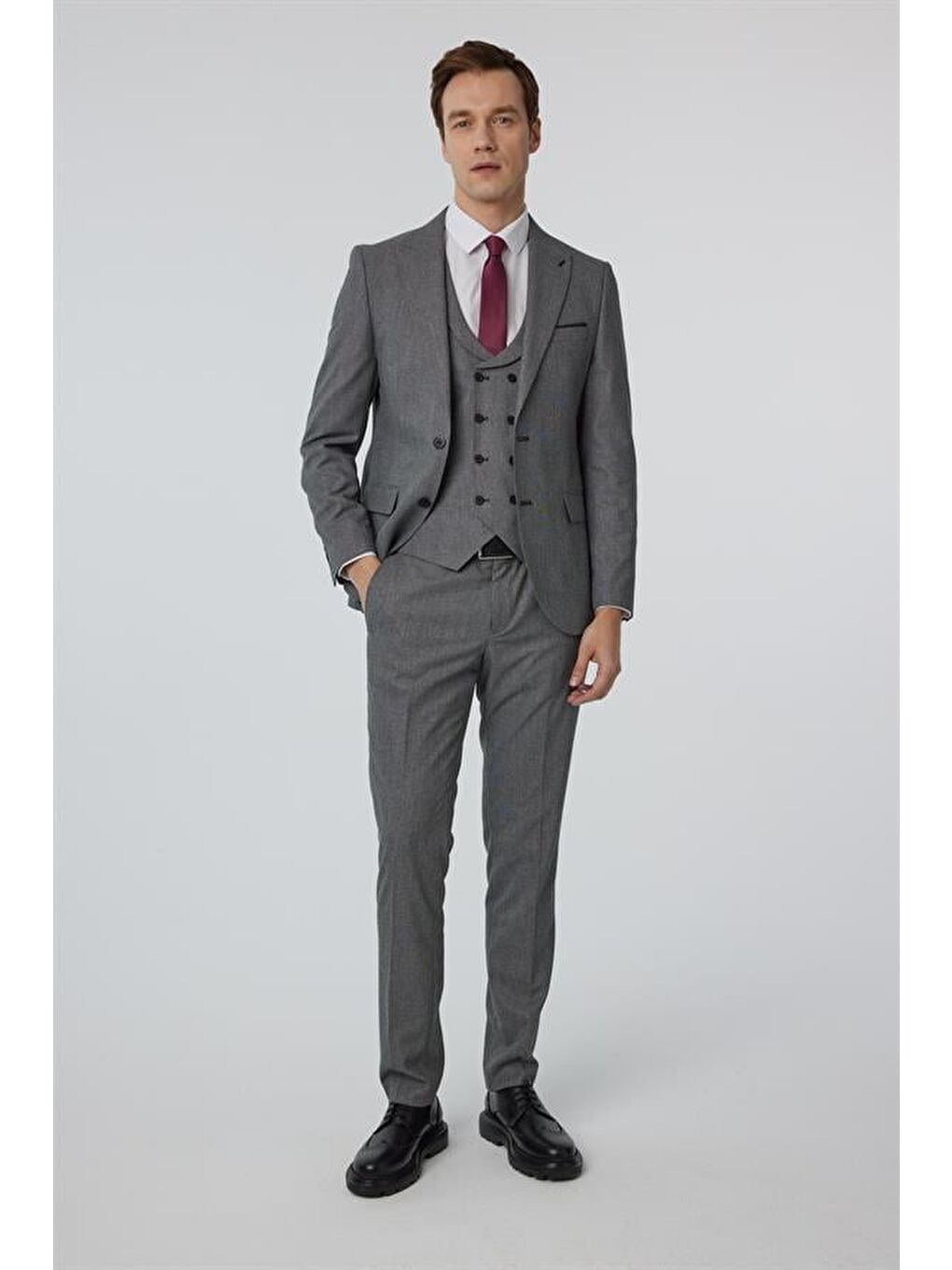 Antrasit Slim Düz Sivri Yaka 6 Drop Yelekli Takım Elbise-7