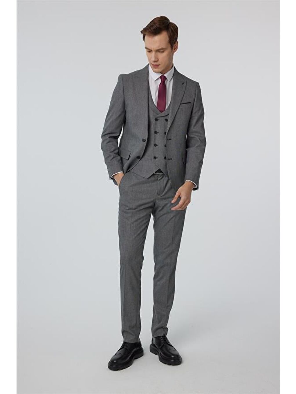 Antrasit Slim Düz Sivri Yaka 6 Drop Yelekli Takım Elbise-8