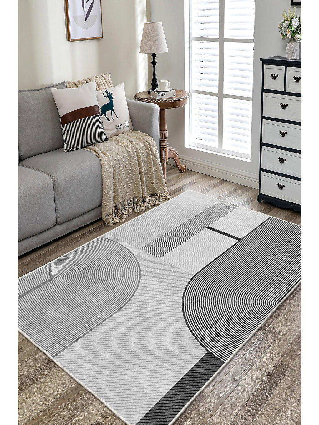 Gri Dekoratif Özel Tasarım Yıkanabilir İnce Kaymaz Tabanlı Modern Halı KECE FR49-2