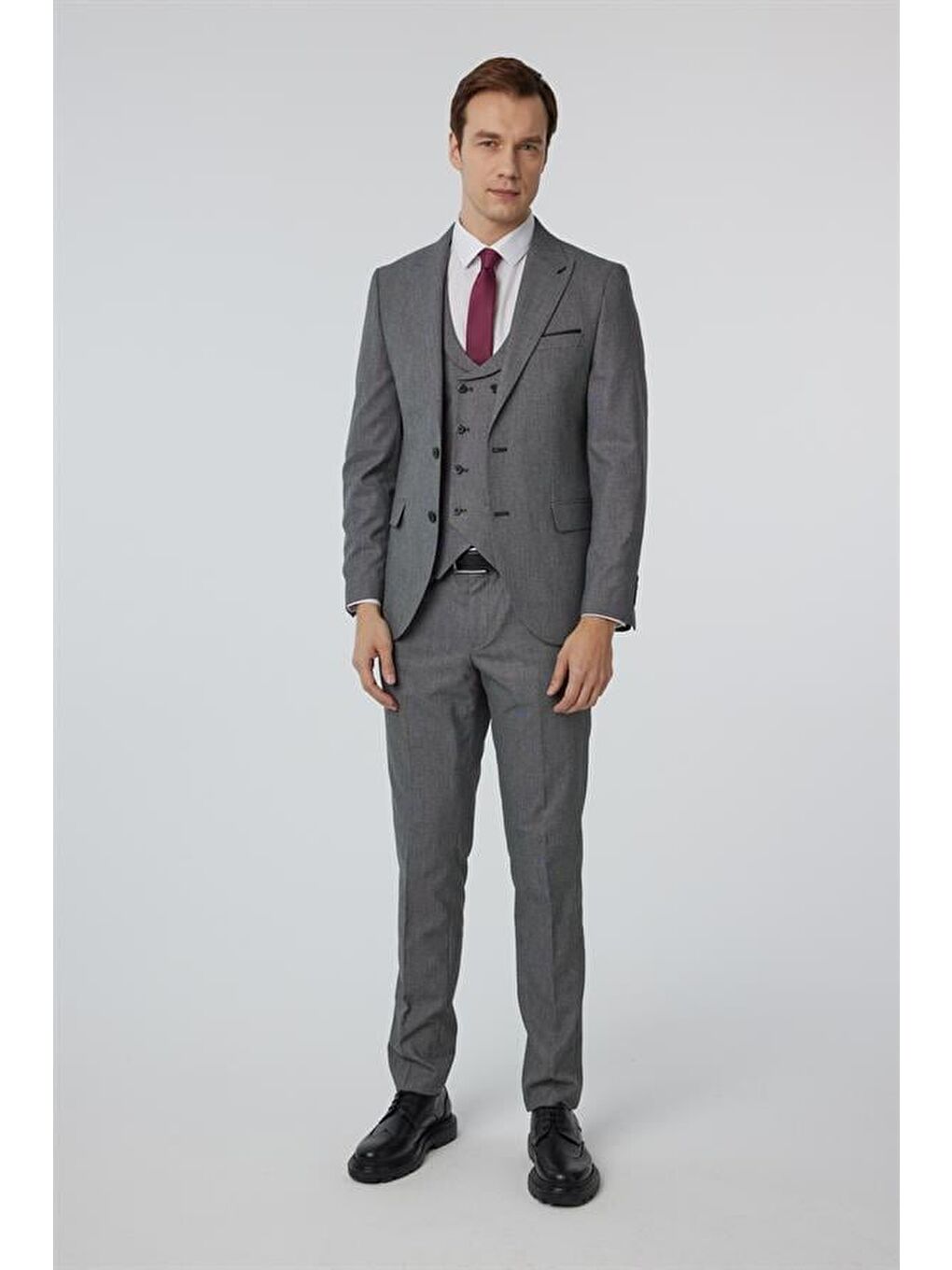 Antrasit Slim Düz Sivri Yaka 6 Drop Yelekli Takım Elbise-9