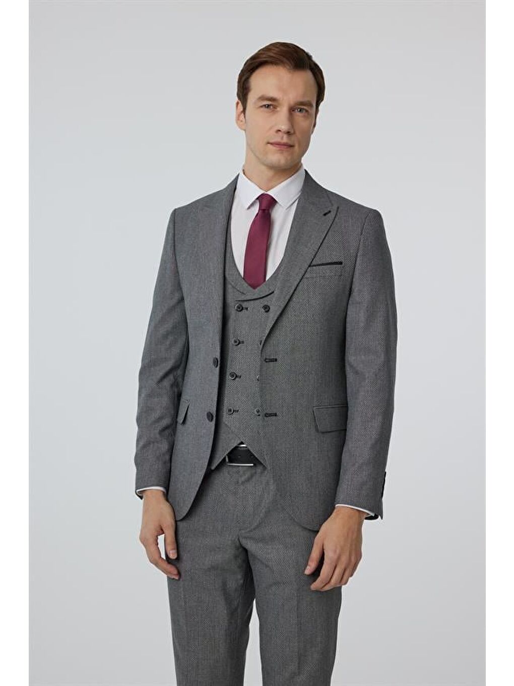 Antrasit Slim Düz Sivri Yaka 6 Drop Yelekli Takım Elbise-11