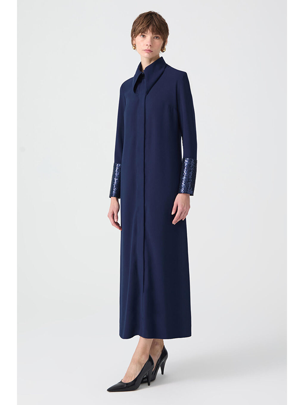 Lacivert Payet Detaylı Krep Elbise-2