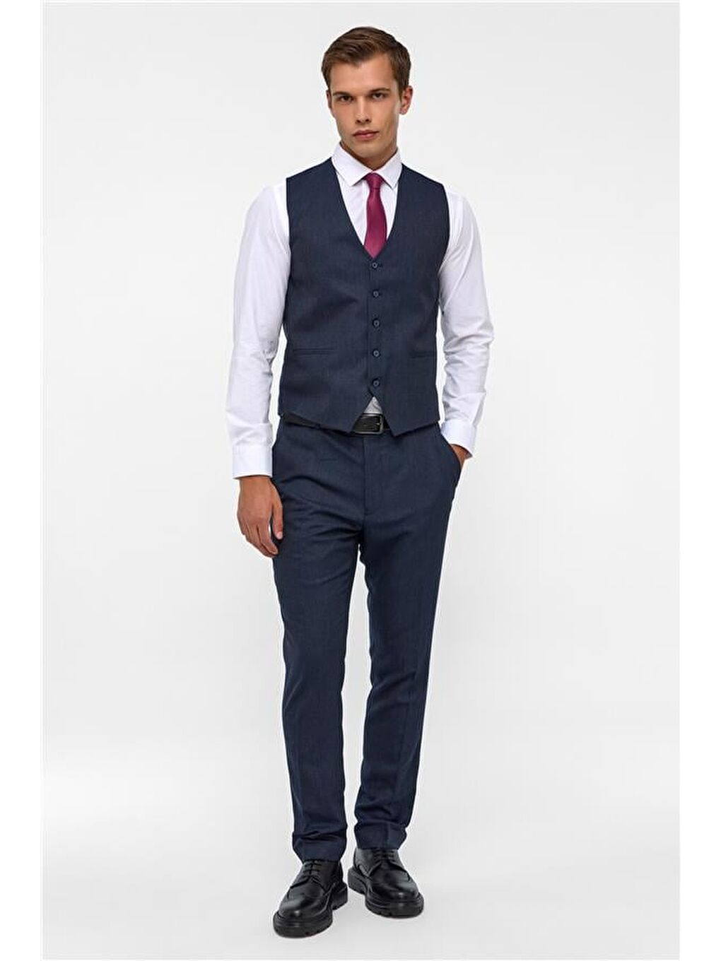 Lacivert Slim Desenli Mono Yaka 6 Drop Yelekli Takım Elbise-4