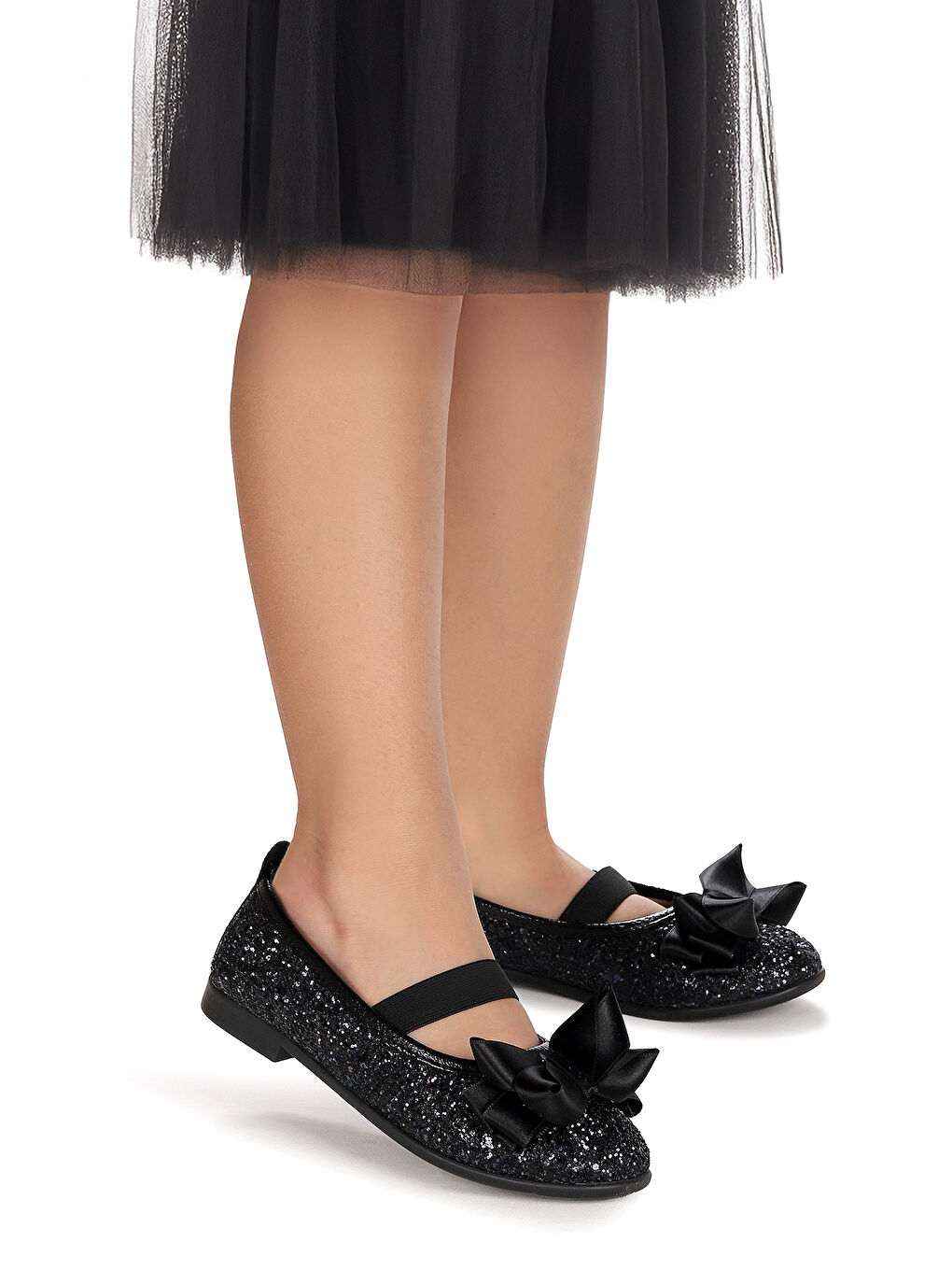 Siyah Panı Cam Kırığı Fiyonk Lastikli Kız Çocuk Babet Ayakkabı-2