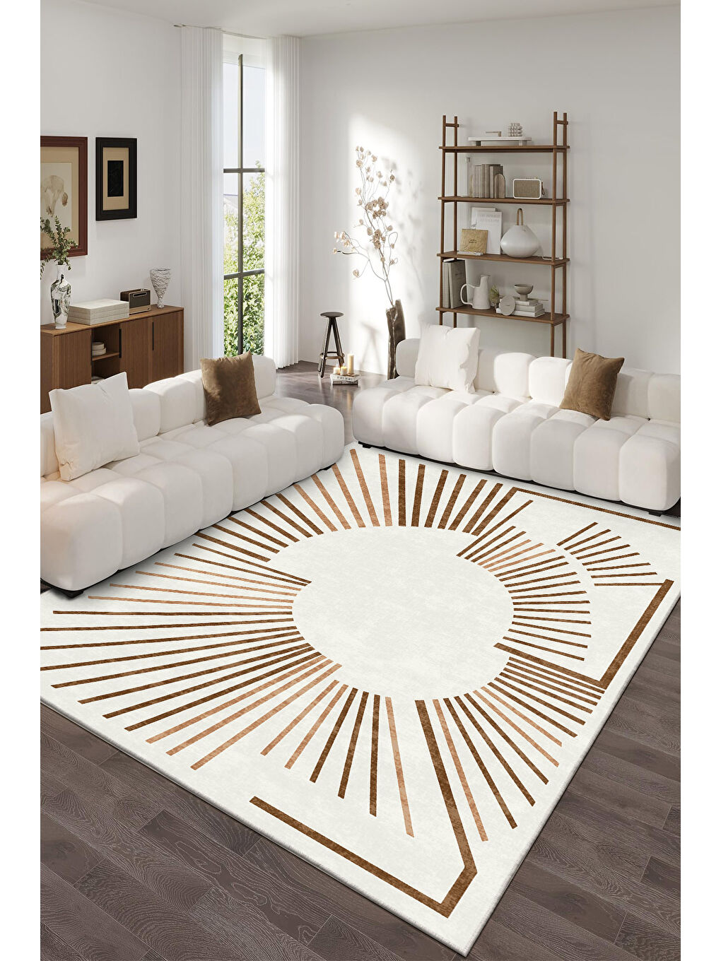 Ekru Dekoratif Özel Tasarım Yıkanabilir İnce Kaymaz Tabanlı Modern Halı KECE FR49