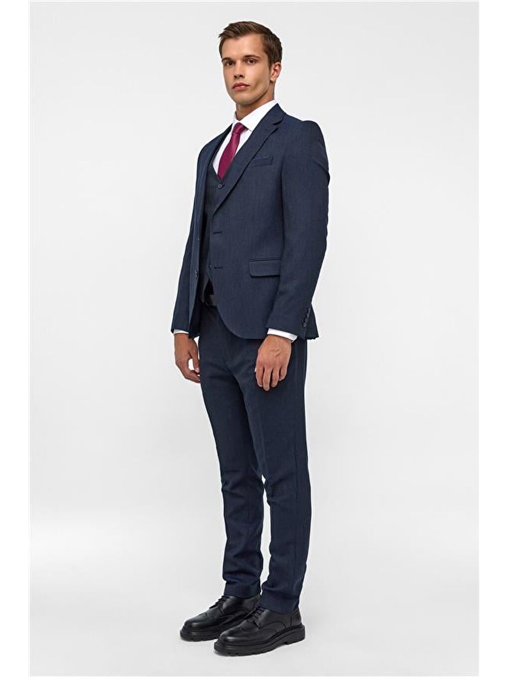 Lacivert Slim Desenli Mono Yaka 6 Drop Yelekli Takım Elbise-5