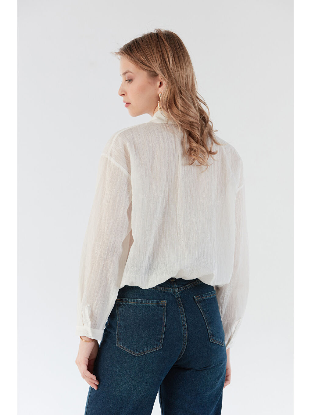 Ekru Basic Beli Lastikli Cep Detaylı Gömlek-2