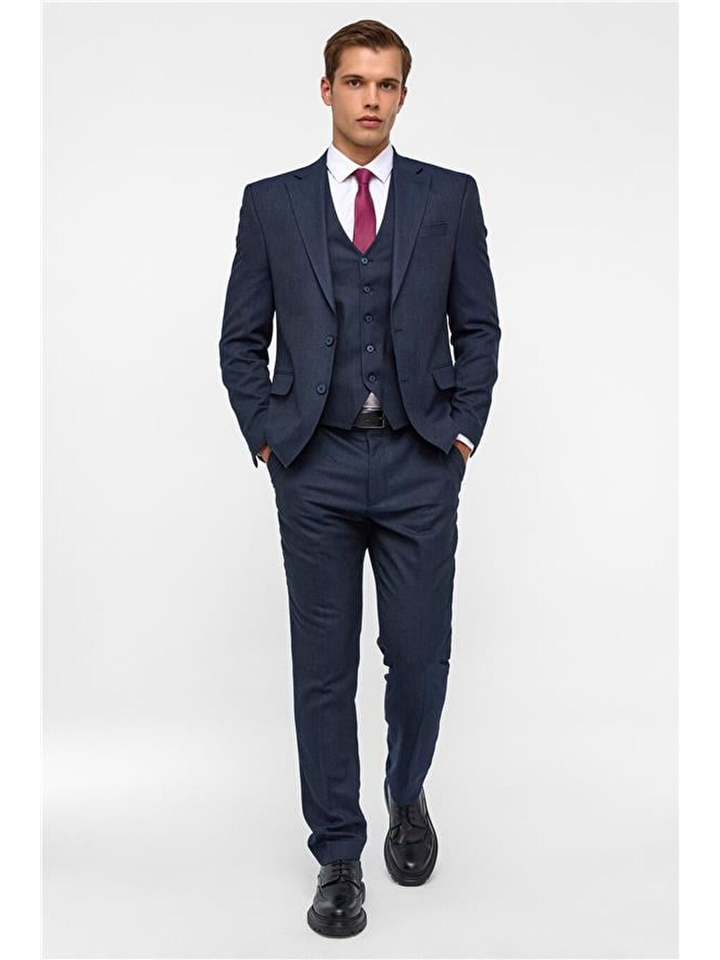 Lacivert Slim Desenli Mono Yaka 6 Drop Yelekli Takım Elbise-8