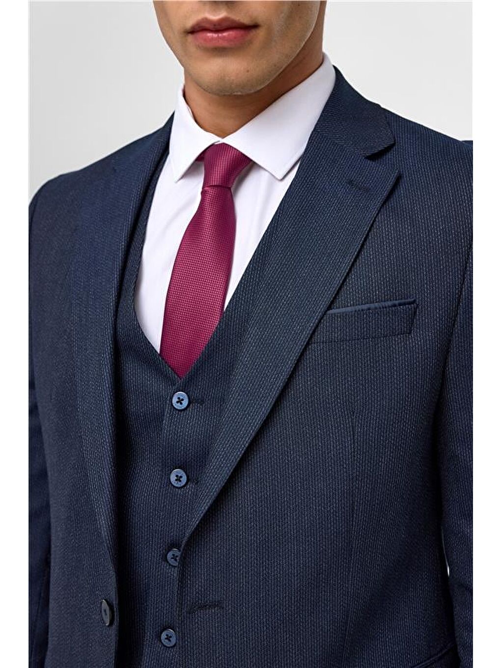 Lacivert Slim Desenli Mono Yaka 6 Drop Yelekli Takım Elbise-9