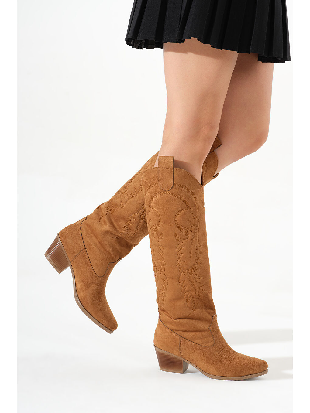 Kahverengi Kadın Taba Süet Termo Taban Nakışlı Western Kovboy Bot