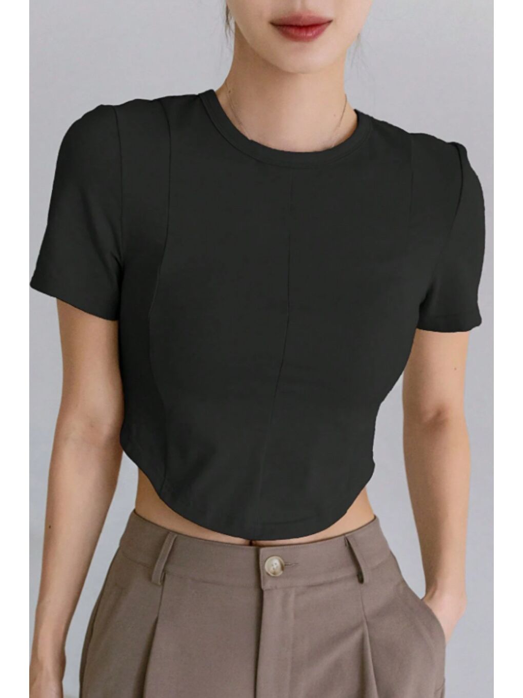 Siyah Kadın Crop Tişört Slim Fit Basic Kısa Kollu Yazlık Üst-1