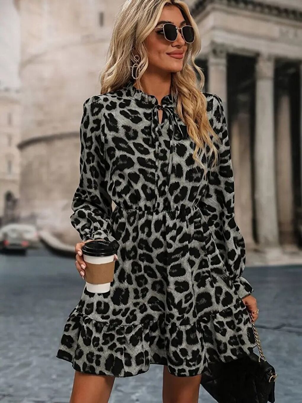 Gri Kadın Uzun Kollu Yakadan Bağlamalı Beli Lastikli şardonlu Dalgıç Elbise-1