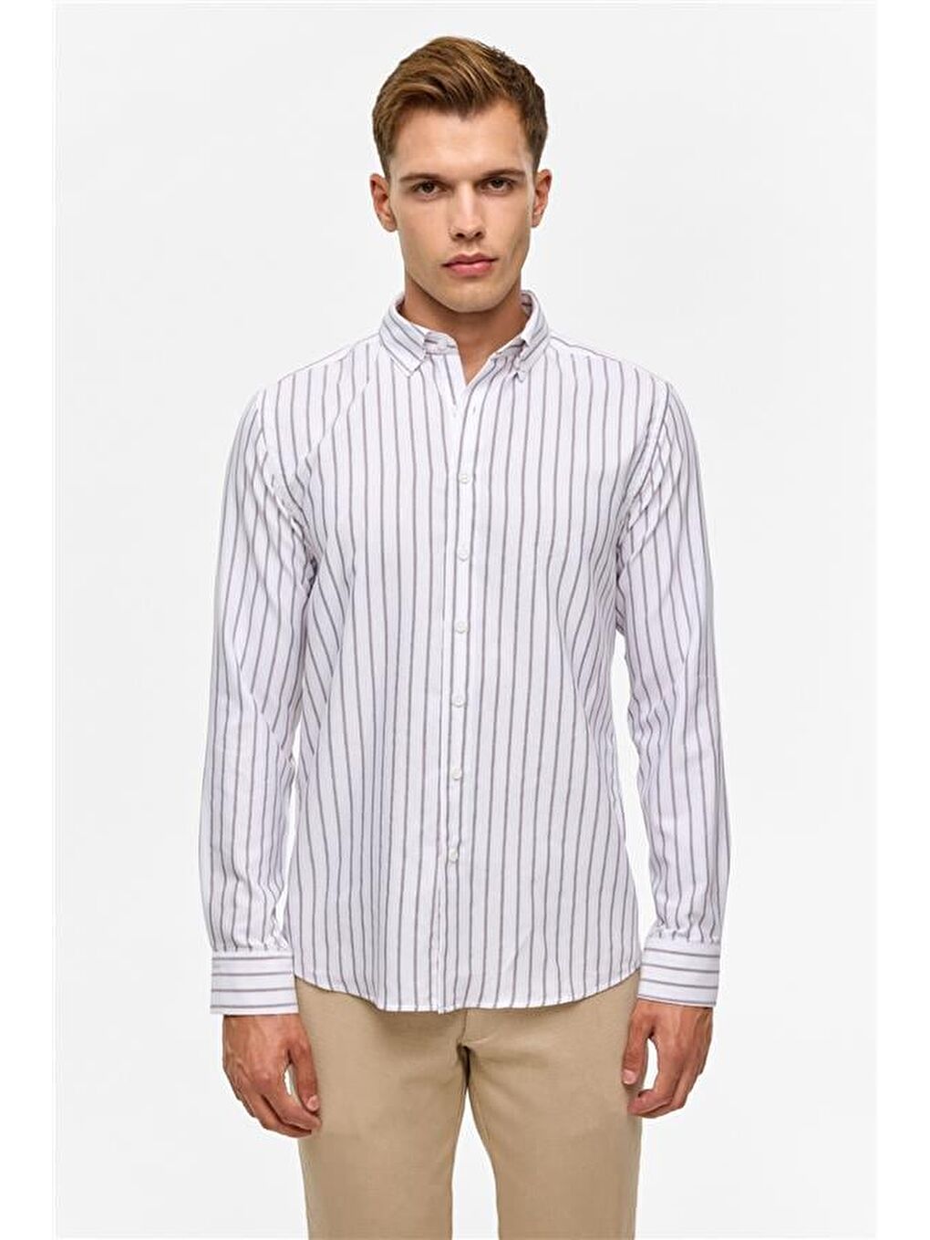 Kahverengi Koyu Kahve Slim Çizgili Düğmeli Yaka Gömlek