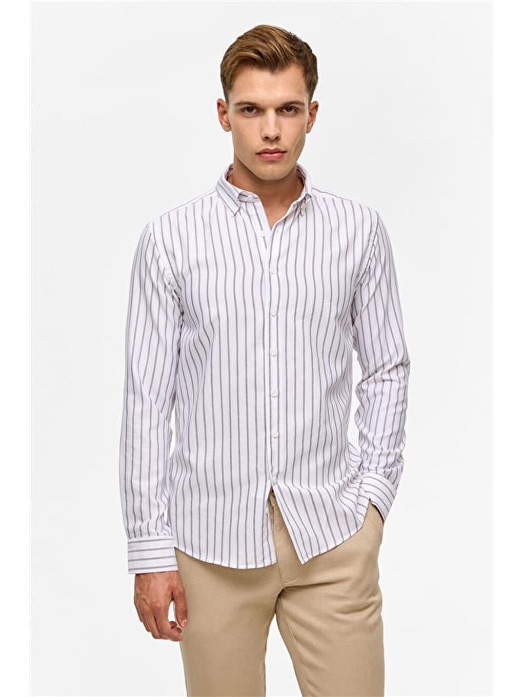 Kahverengi Koyu Kahve Slim Çizgili Düğmeli Yaka Gömlek-1