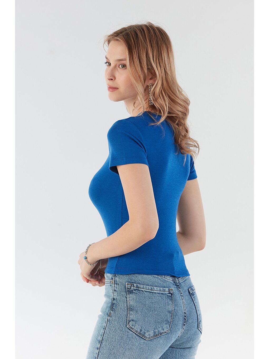 Mavi Basic Bisiklet Yaka Crop Tişört-2