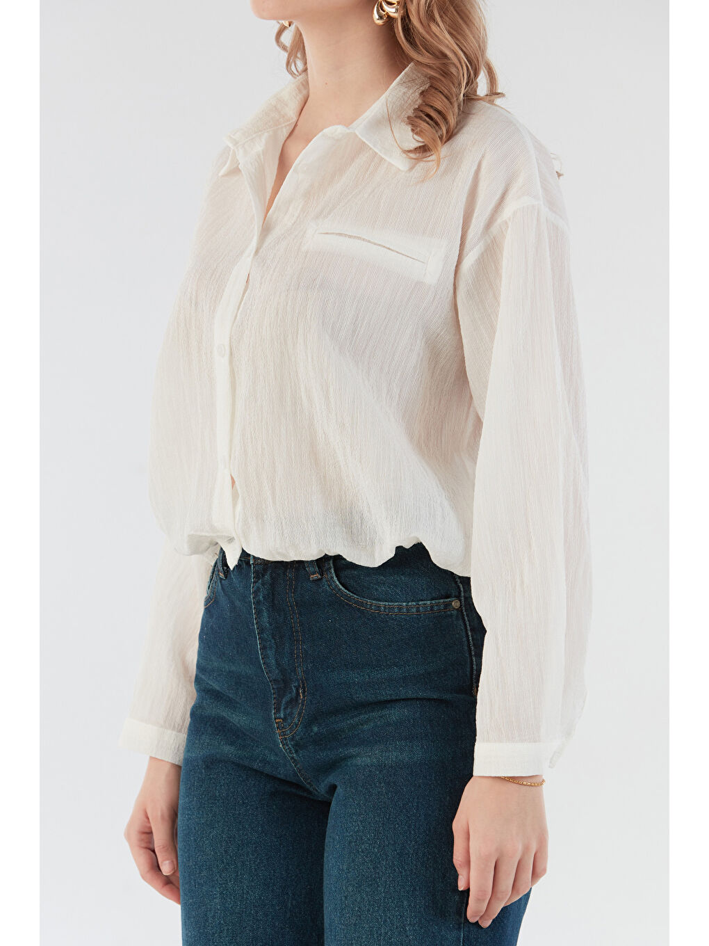 Ekru Basic Beli Lastikli Cep Detaylı Gömlek-4