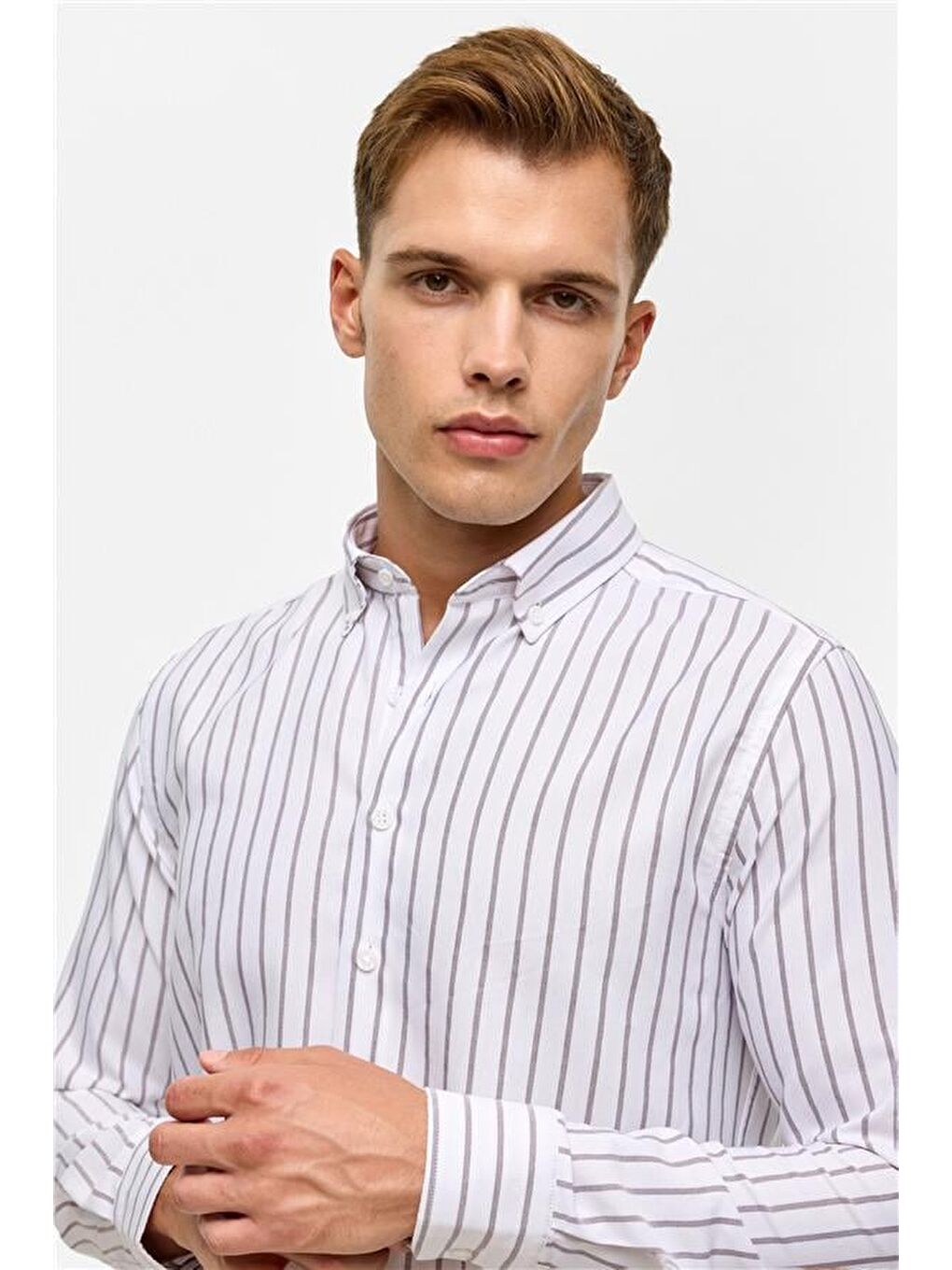 Kahverengi Koyu Kahve Slim Çizgili Düğmeli Yaka Gömlek-3